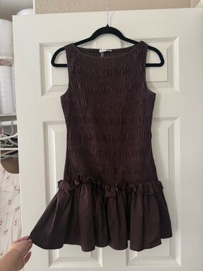 Peppermayo Chocolate Brown Shirred Mini Dress